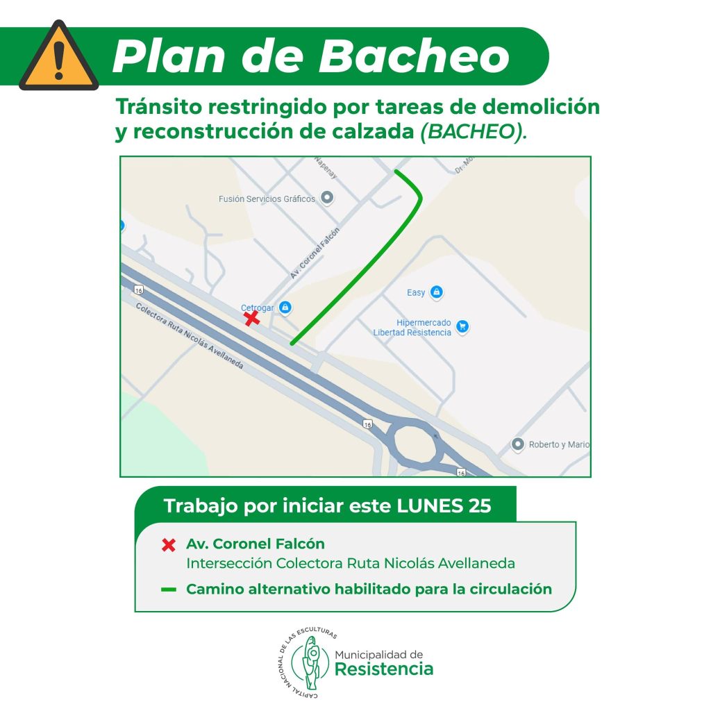 Por obras de bacheo, hay tránsito restringido en Coronel Falcón y la colectora de ruta 16 Por obras de bacheo, hay tránsito restringido en Coronel Falcón y la colectora de ruta 16