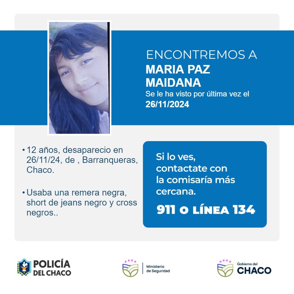 Intensa búsqueda de una niña de 12 años desaparecida en Barranqueras Intensa búsqueda de una niña de 12 años desaparecida en Barranqueras