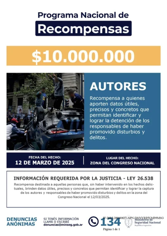 El gobierno de Milei habilita una recompensa para quienes aporten datos sobre los disturbios El gobierno de Milei habilita una recompensa para quienes aporten datos sobre los disturbios