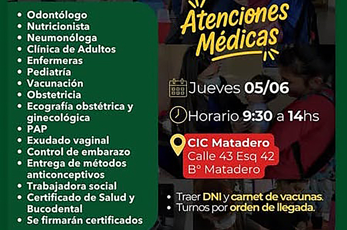 Sáenz Peña: este jueves Jornada de Atenciones Médicas en el CIC del barrio Matadero Sáenz Peña: este jueves Jornada de Atenciones Médicas en el CIC del barrio Matadero