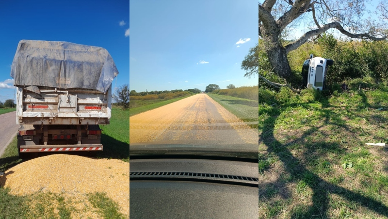 Un auto volcó en Ruta 3 tras caer cargamento de maíz de un camión: una mujer resultó herida Un auto volcó en Ruta 3 tras caer cargamento de maíz de un camión: una mujer resultó herida