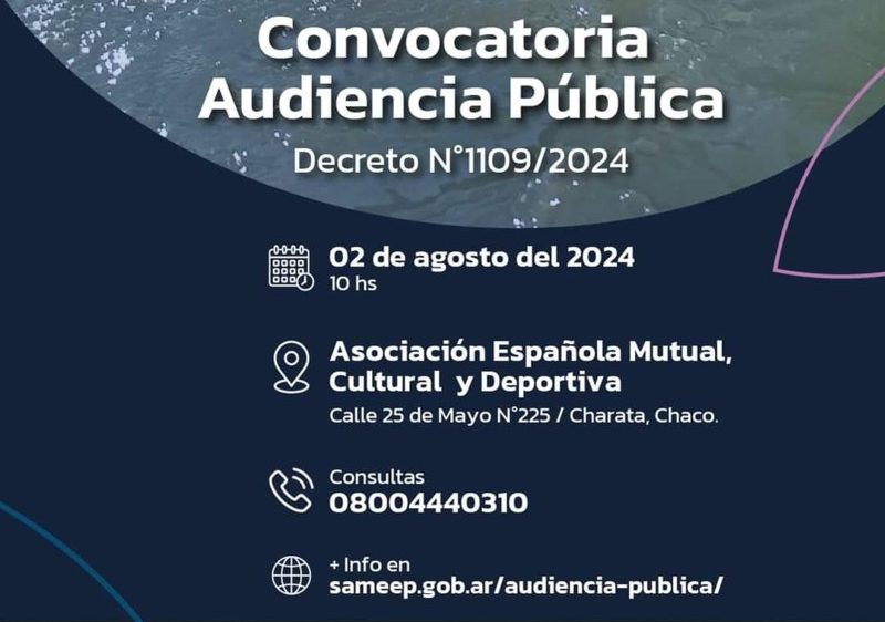 SAMEEP realiza el viernes en Charata la audiencia pública para readecuar la tarifa de agua y cloaca SAMEEP realiza el viernes en Charata la audiencia pública para readecuar la tarifa de agua y cloaca