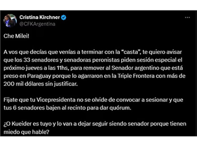 De Cristina a Milei por el caso Kueider: “¿Lo van a dejar seguir siendo senador porque tienen miedo que hable?” De Cristina a Milei por el caso Kueider: “¿Lo van a dejar seguir siendo senador porque tienen miedo que hable?”
