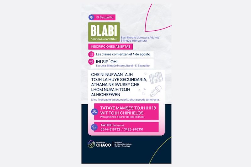 El Sauzalito: siguen abiertas las inscripciones al bachillerato libre para adultos “Jovino Luna” El Sauzalito: siguen abiertas las inscripciones al bachillerato libre para adultos “Jovino Luna”