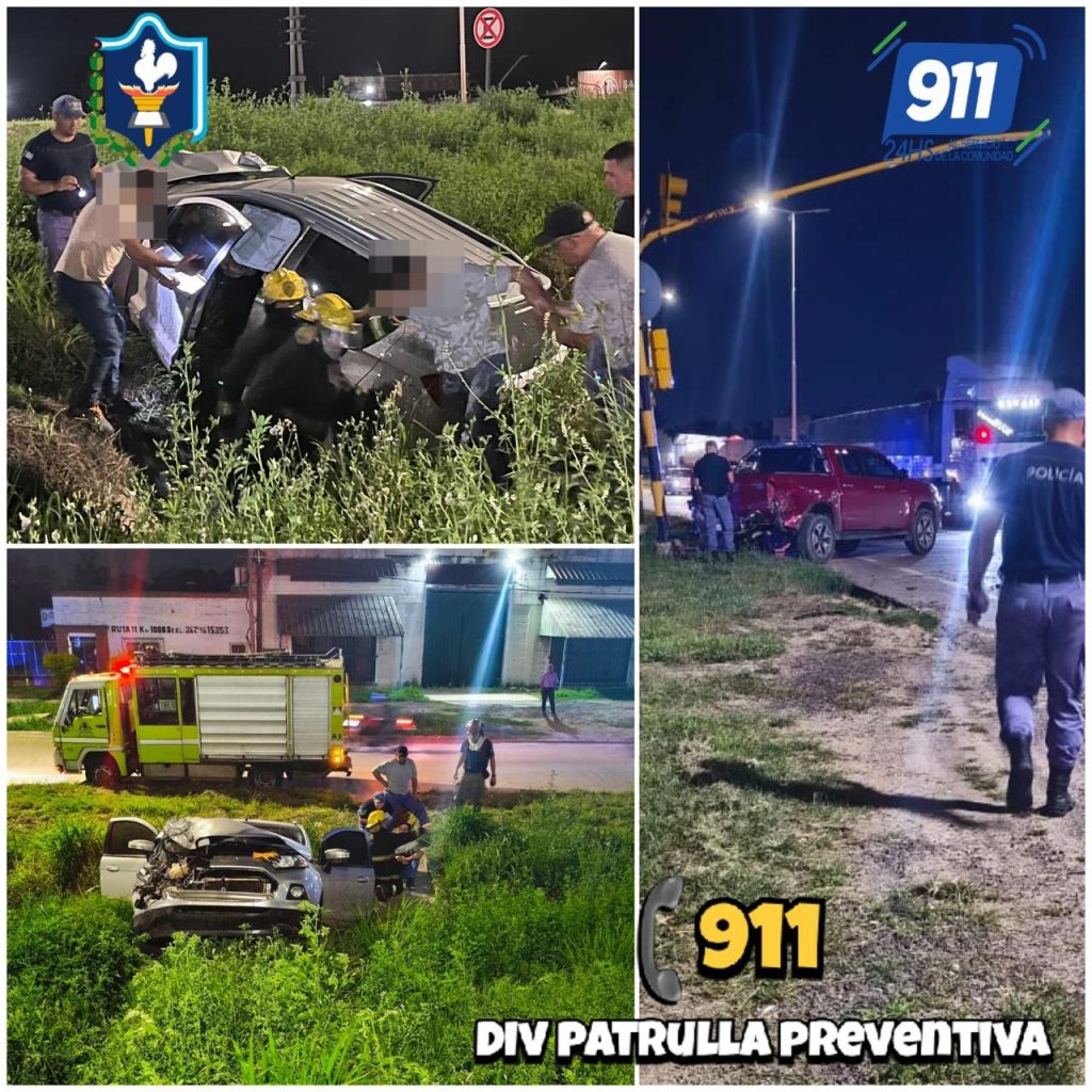 Auto despistó en la ruta 11 tras chocar con una camioneta: terminó en un canal