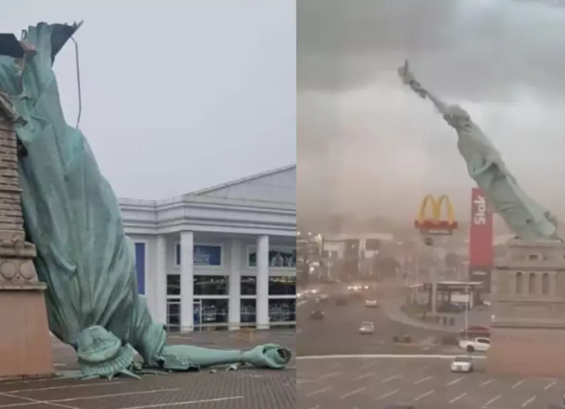 Vientos de 90 km/h derrumbaron réplica de la “Estatua de la Libertad” en un supermercado de Brasil Vientos de 90 km/h derrumbaron réplica de la “Estatua de la Libertad” en un supermercado de Brasil