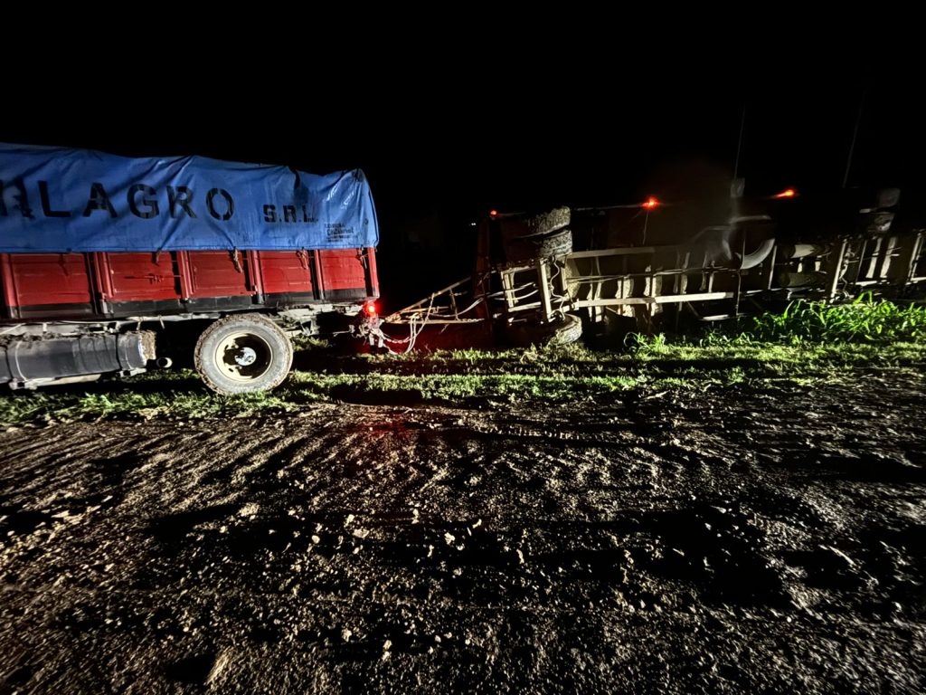 Volcó un camión cargado con semillas de girasol en un camino rural de Mesón de Fierro Volcó un camión cargado con semillas de girasol en un camino rural de Mesón de Fierro